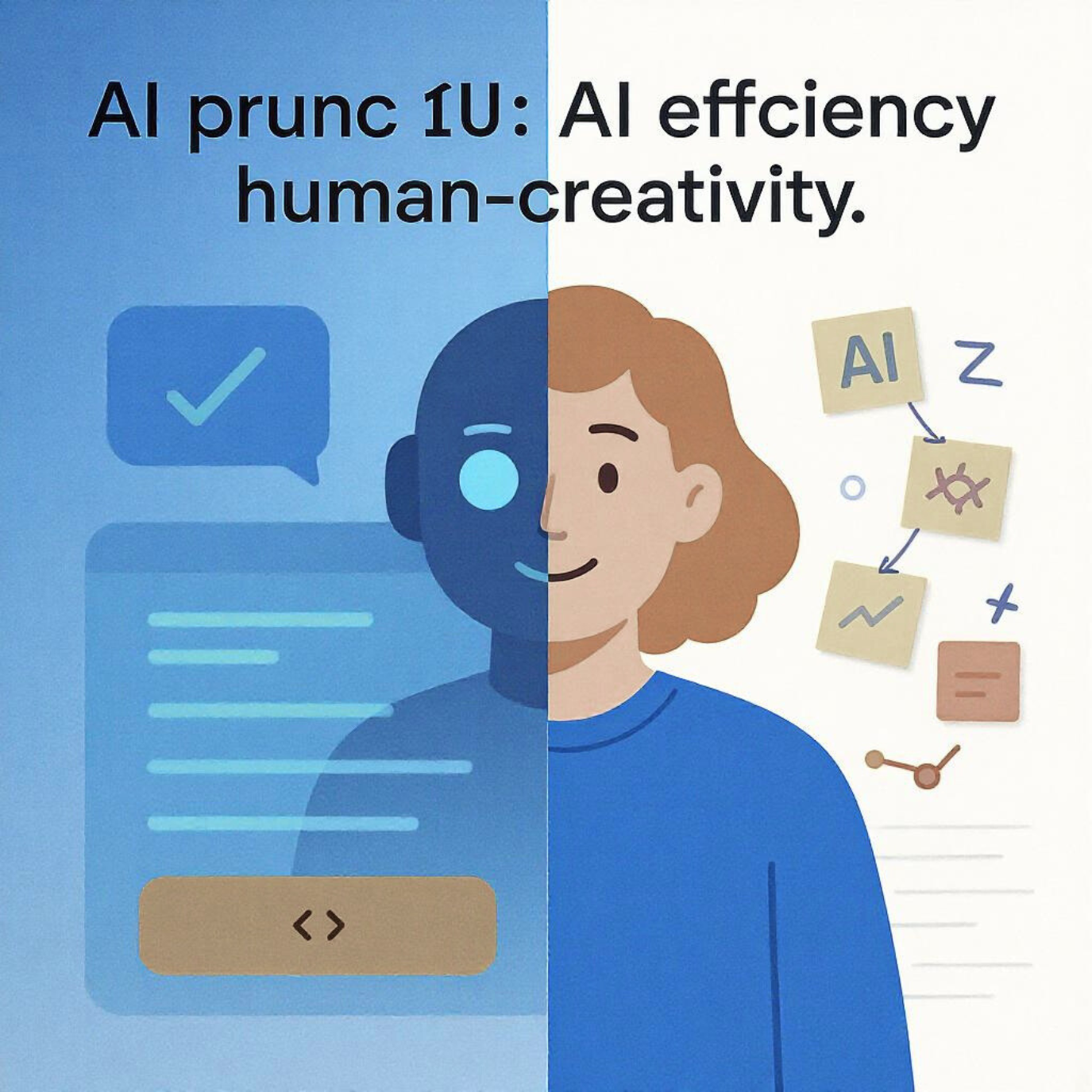 Split screen showing robot next to human copywriter brainstorming with sticky notes, representing AI vs human copywriting approaches